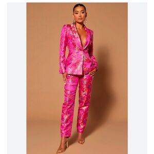 Hot pink magenta Fuschia brocade jacquard blazer suit pant set Pretty In Pink